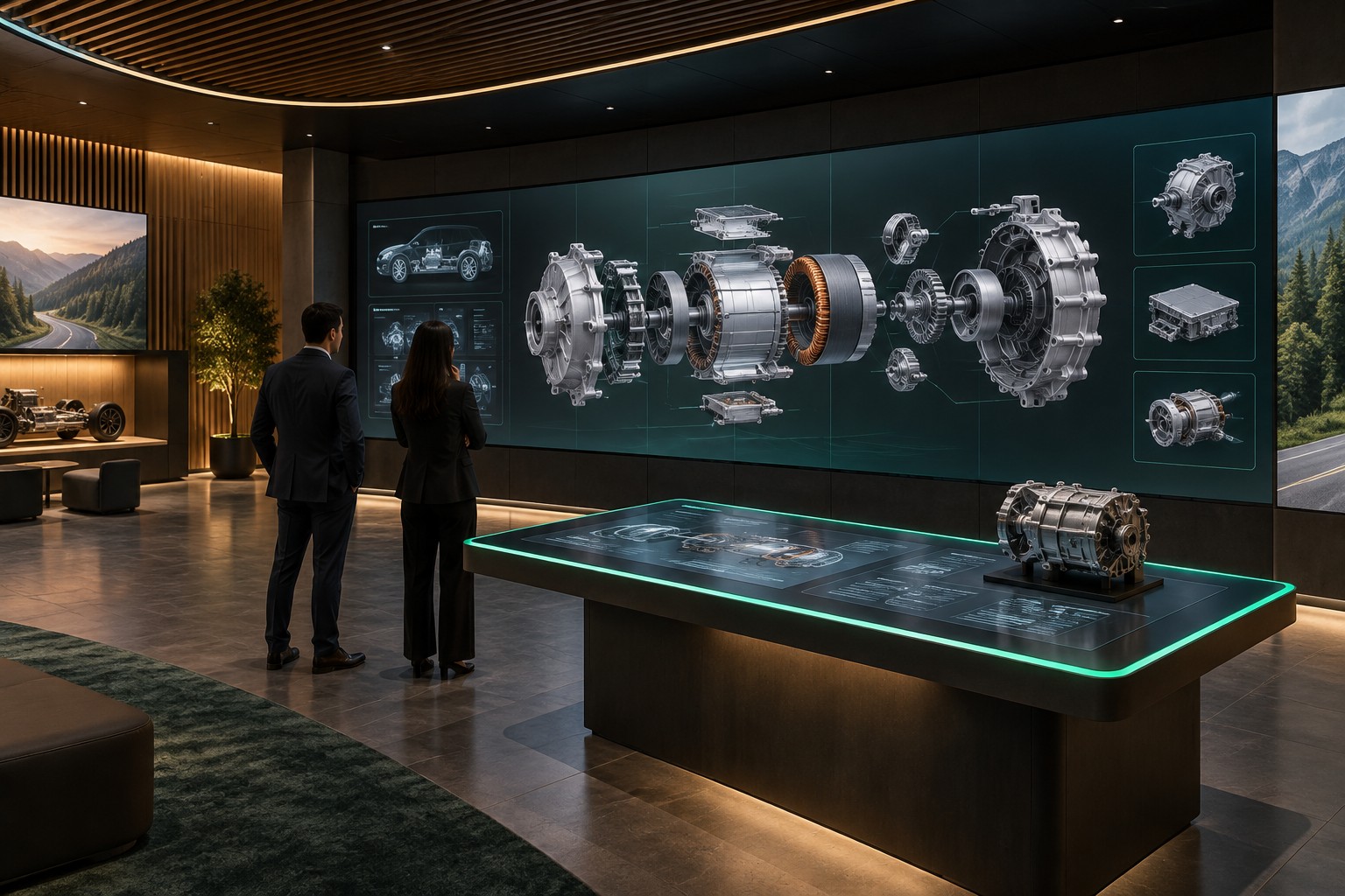 Concept of a corporate visitor centre with a product display wall and interactive demonstration table