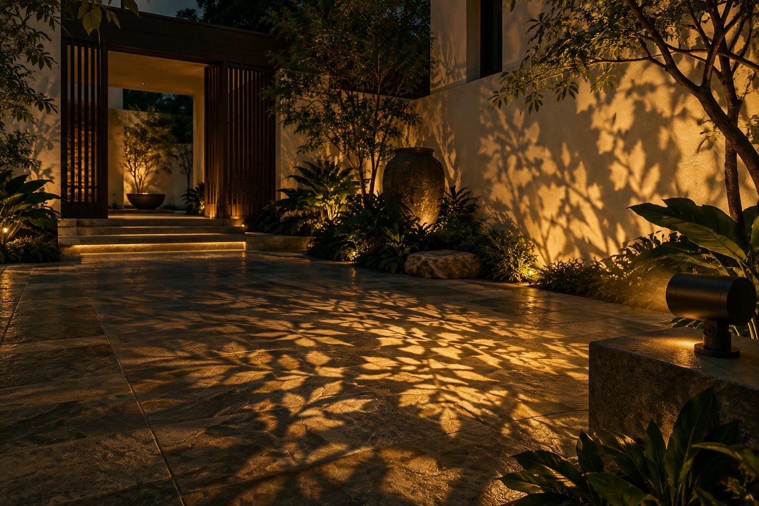 Concept of architectural gobo patterns illuminating a landscaped courtyard