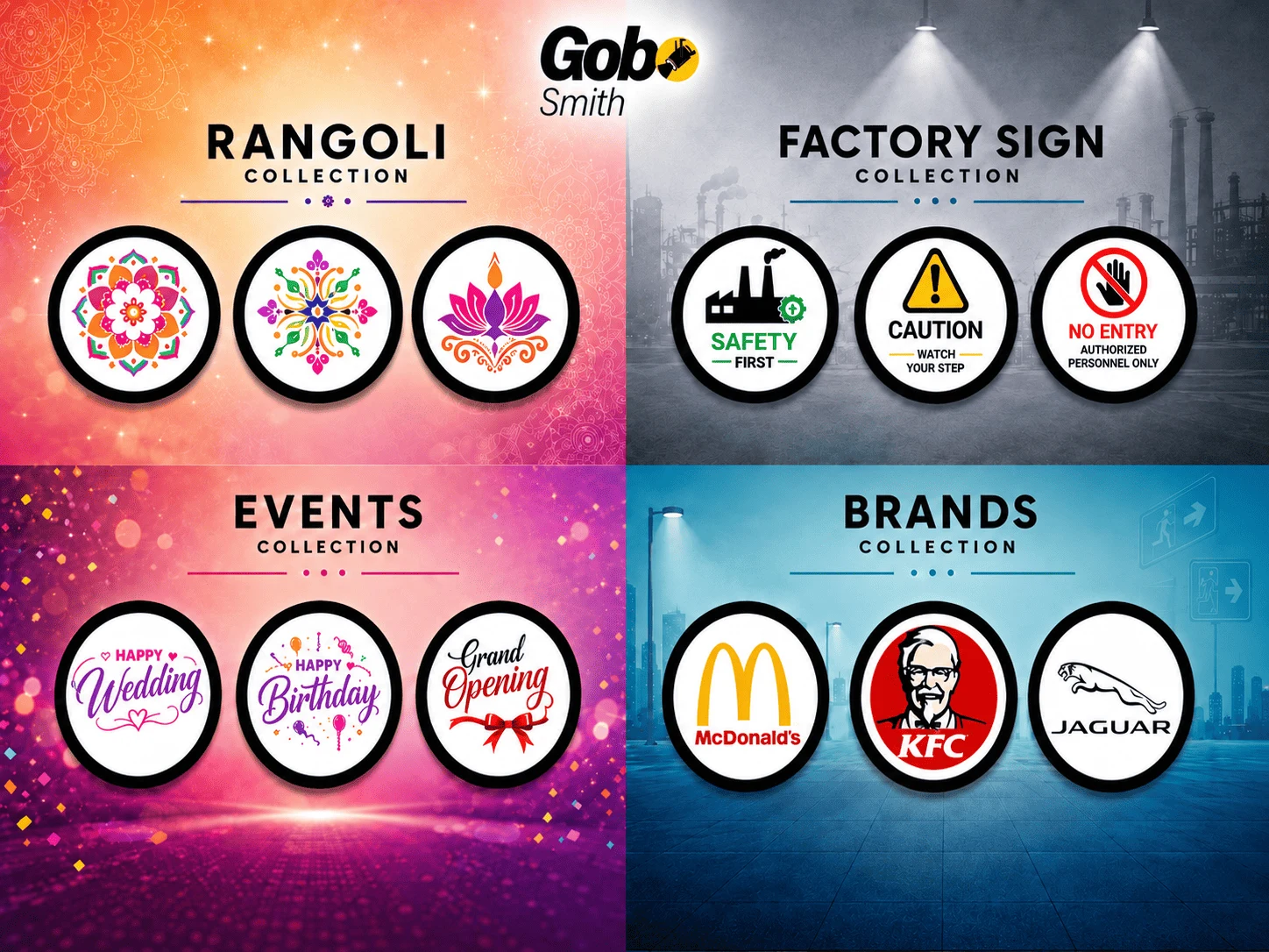 Gobo Smith design collection showing rangoli, safety signs, celebrations and brand artwork