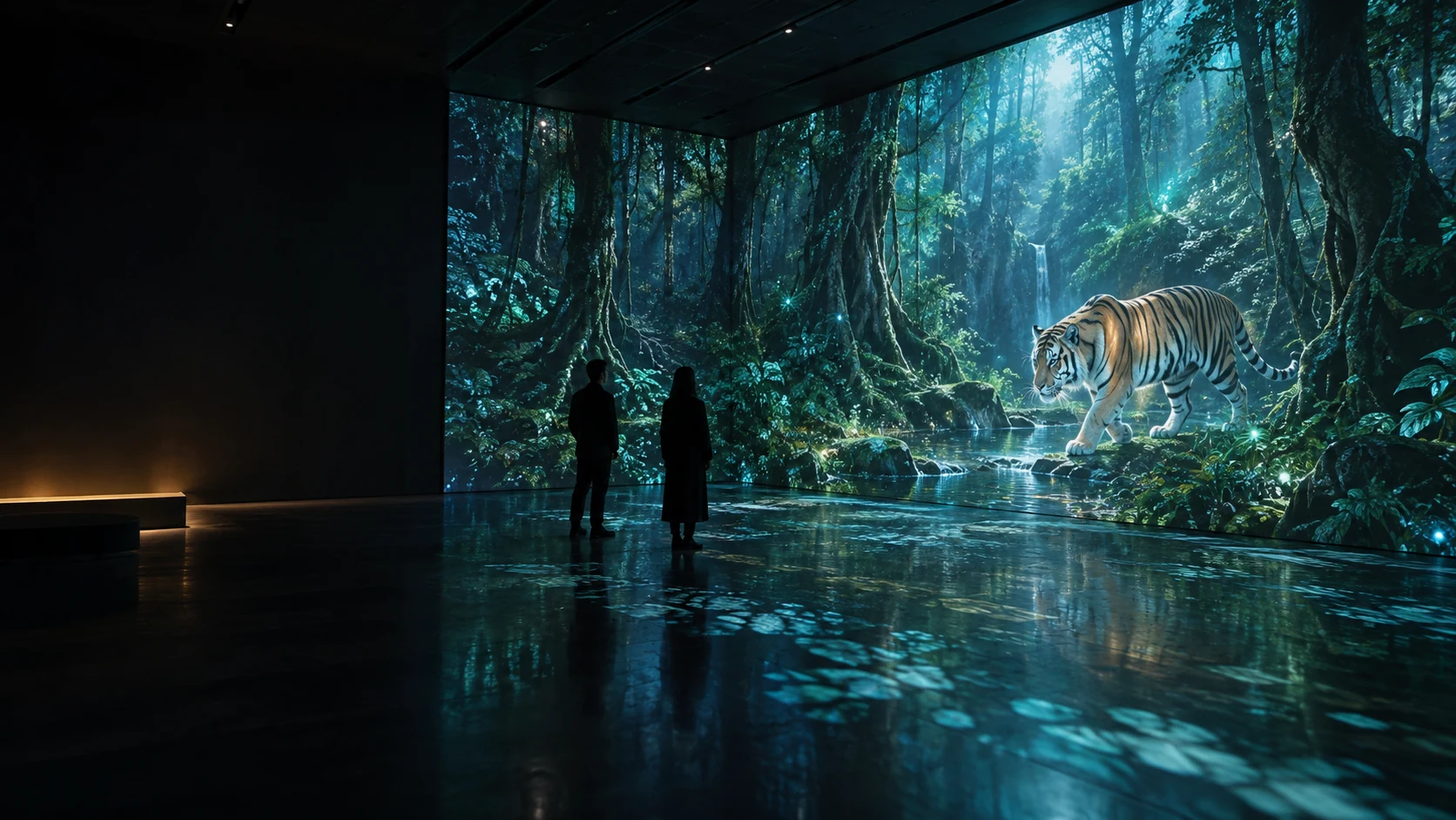 Concept of an immersive forest interpretation gallery with projected wildlife