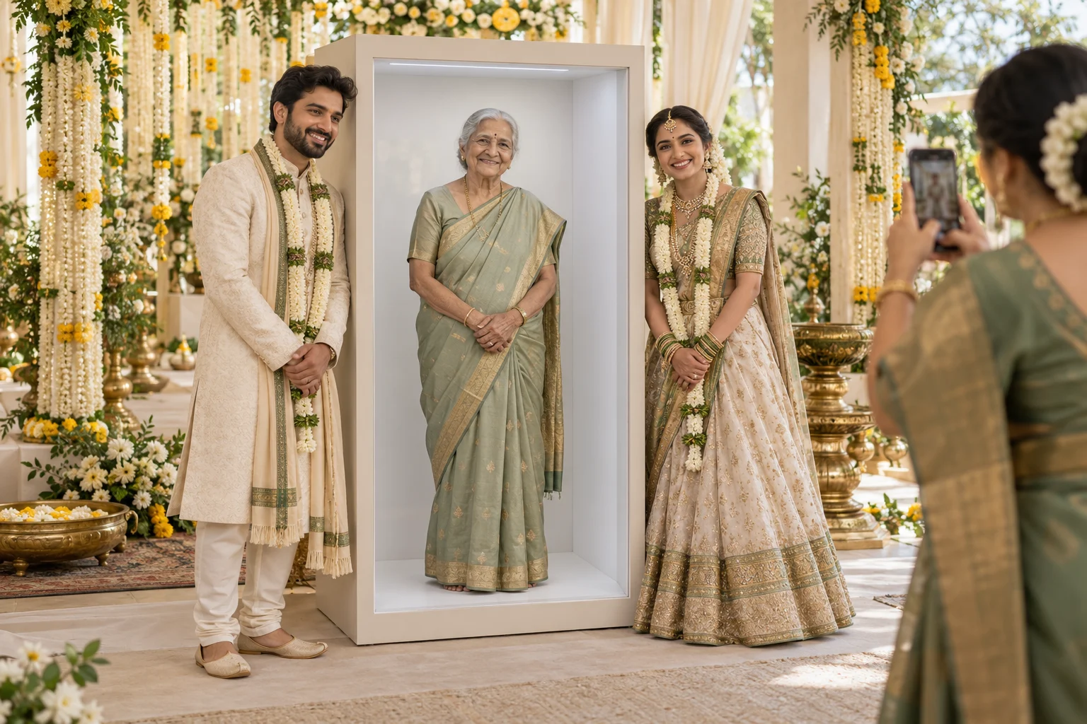 Illustrative AI concept of a family gathering beside a grandmother’s HoloBox tribute